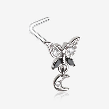 Midnight Butterfly Sparkle Crescent Moon Dangle L-Shaped Nose Ring-Clear Gem/Black